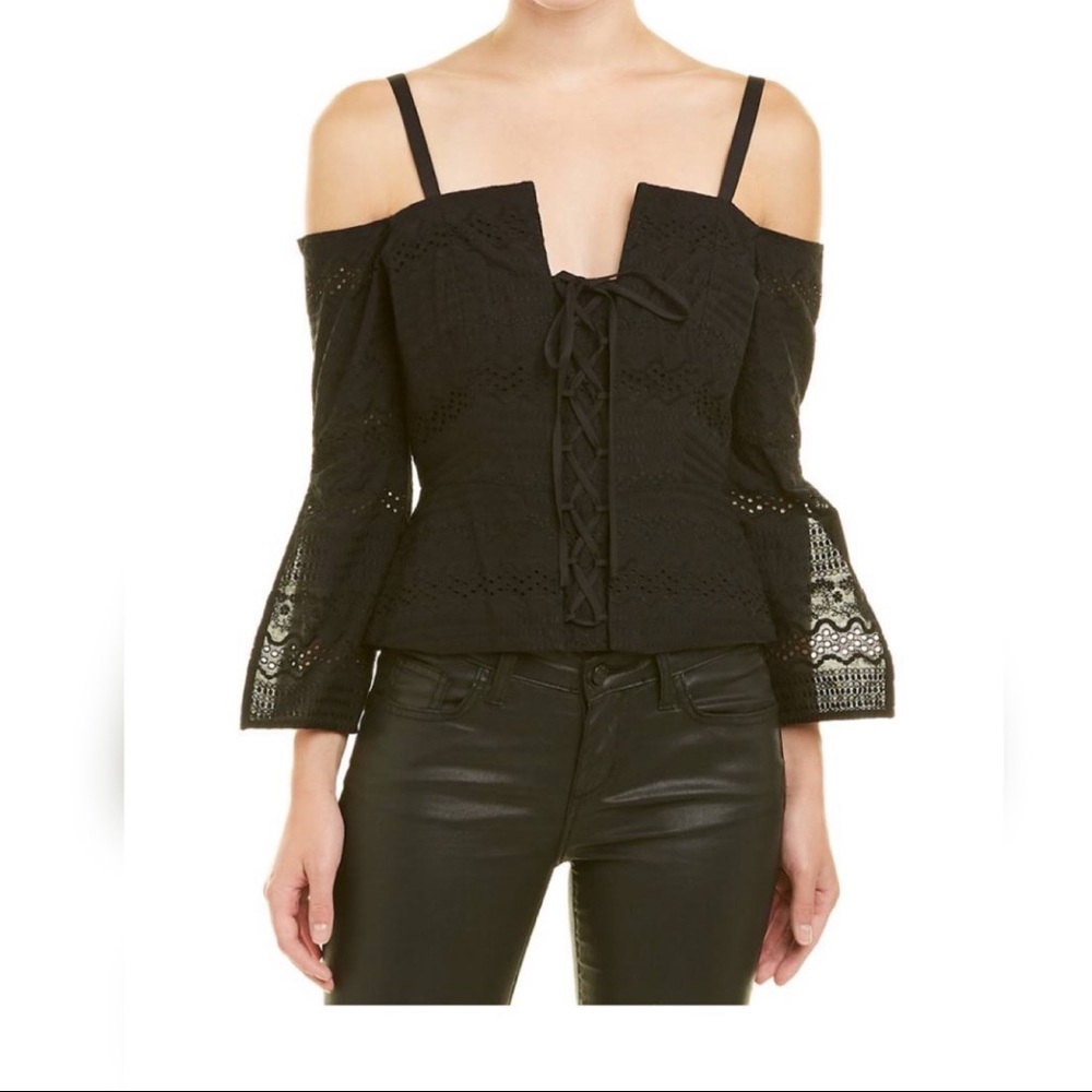 NWT BCBG BLACK COLD SHOULDER LACE TOP M $198